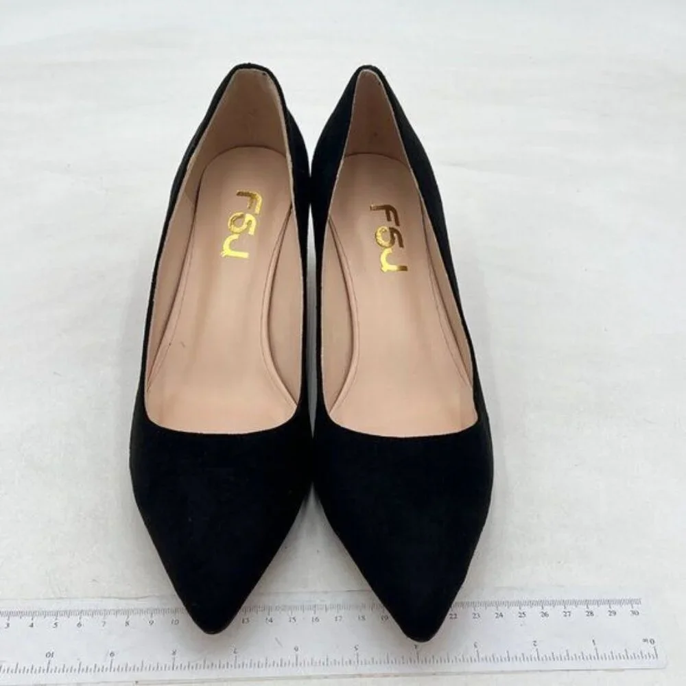 FSJ Black Suede Crystal Pumps Slip on Wedding Shoes